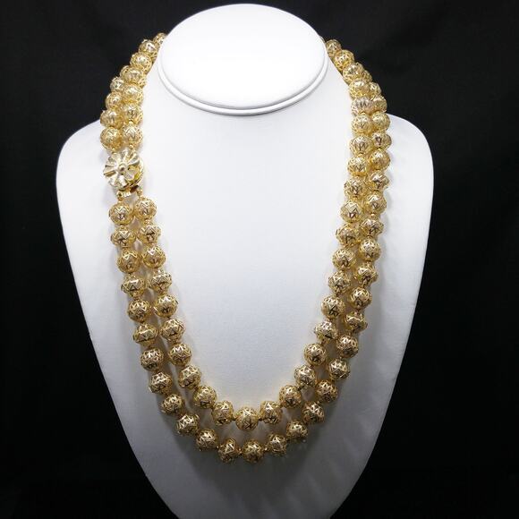 Hong Kong Filigree Bead Necklace – Vintage 1950s Double Strand - Picture 6 of 10